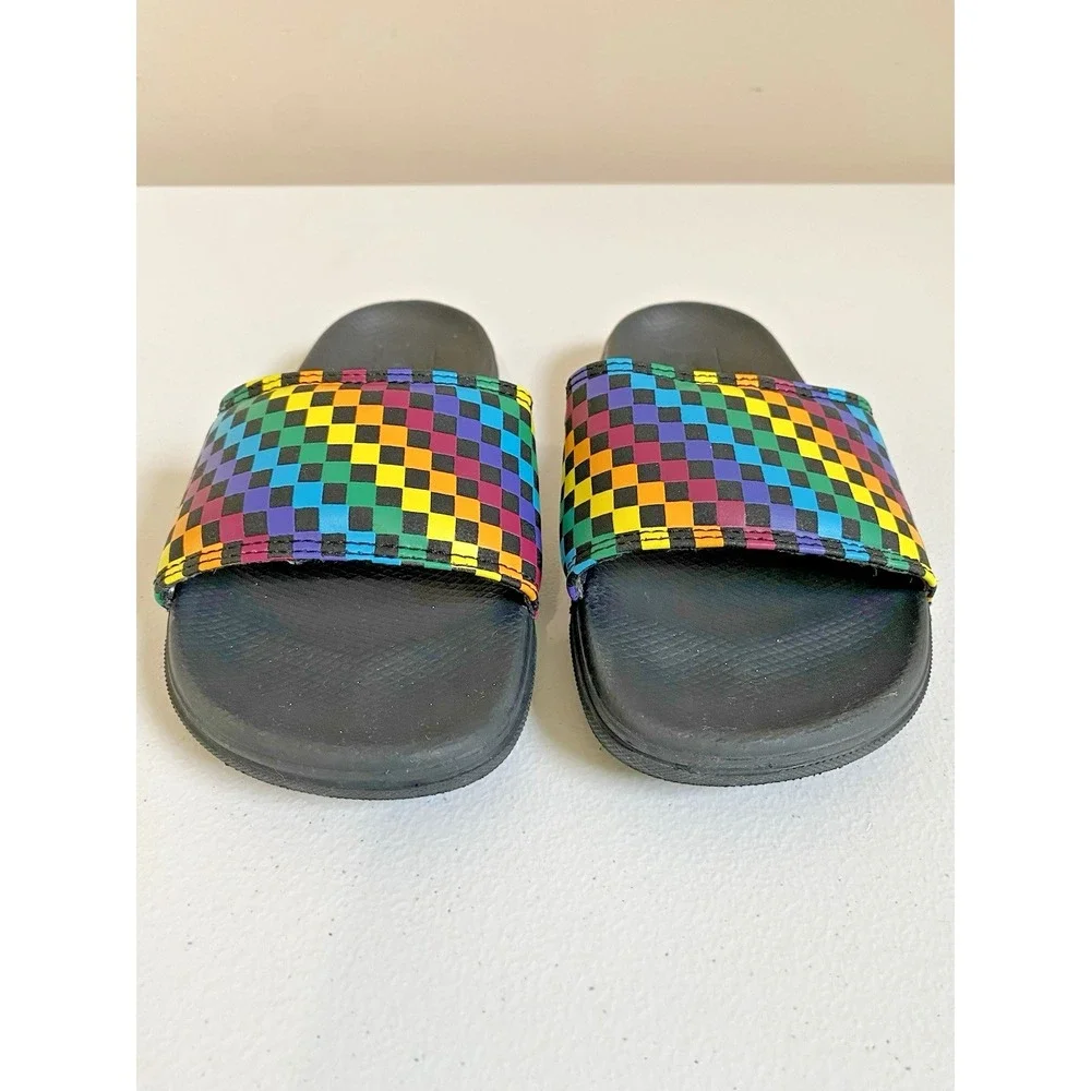 Vans Kids Unisex Slides Sandals Black Rainbow Checkerboard Size 13 Padded Retro‎
